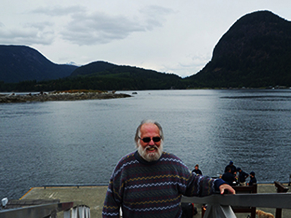 Barrie Sewells arrives on Sonora Island near Campbell River, BC, Canada for son, Wes Sewell's wedding at an Eco Respost.